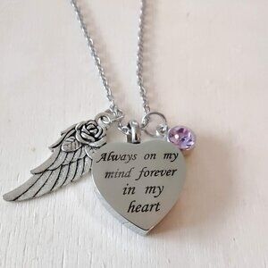 Cremation Jewelry Heart Urn Necklace for Ashes Memorial Angel Wing Birthstone